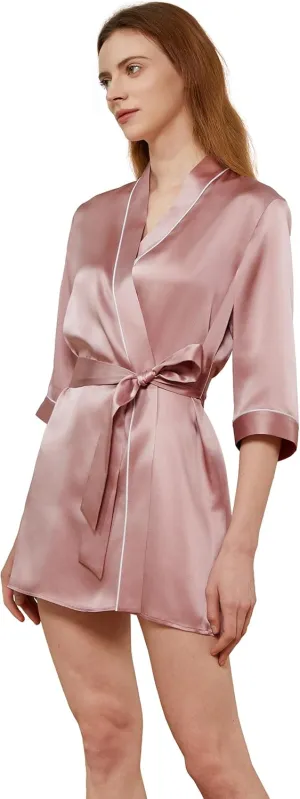 Mommesilk Silk Robe for Women Long Michelle Silk Knee Length Bathrobe Piping Silk Kimono Night Silk Sleepwear