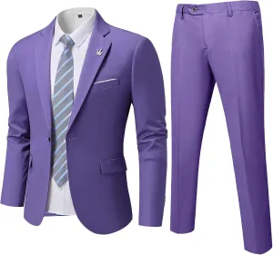 MrSure Men's 2 Piece Slim Fit Suit with Stretch Fabric, One Button Solid Jacket Pants & Tie Set