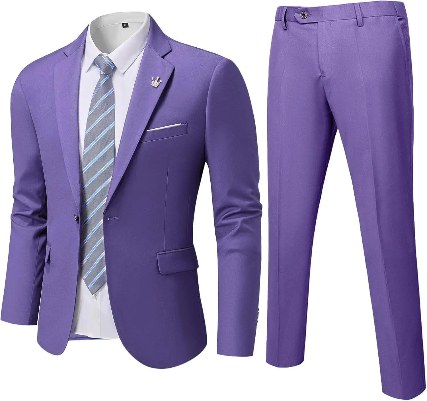 MrSure Men's 2 Piece Slim Fit Suit with Stretch Fabric, One Button Solid Jacket Pants & Tie Set