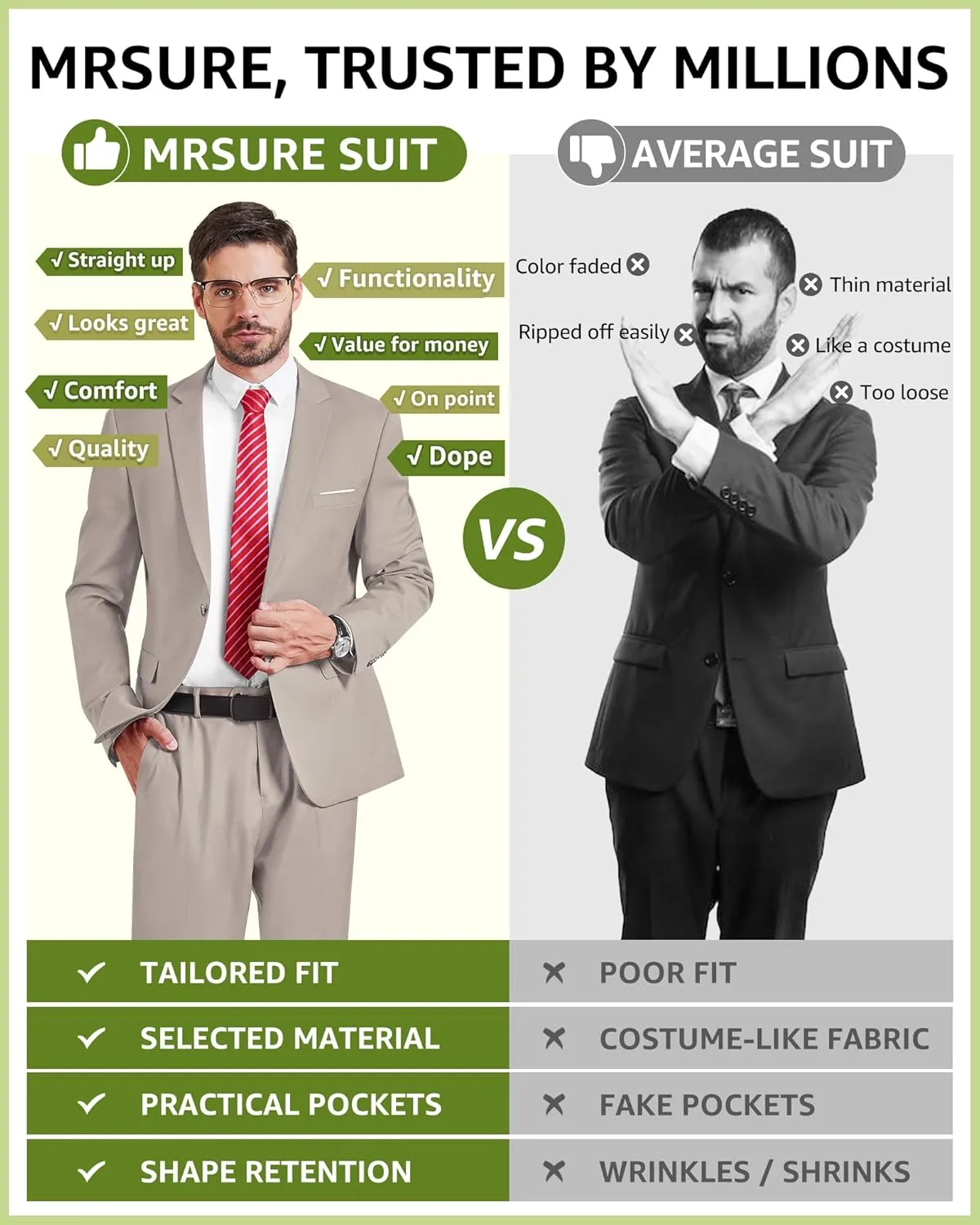 MrSure Men's 2 Piece Slim Fit Suit with Stretch Fabric, One Button Solid Jacket Pants & Tie Set