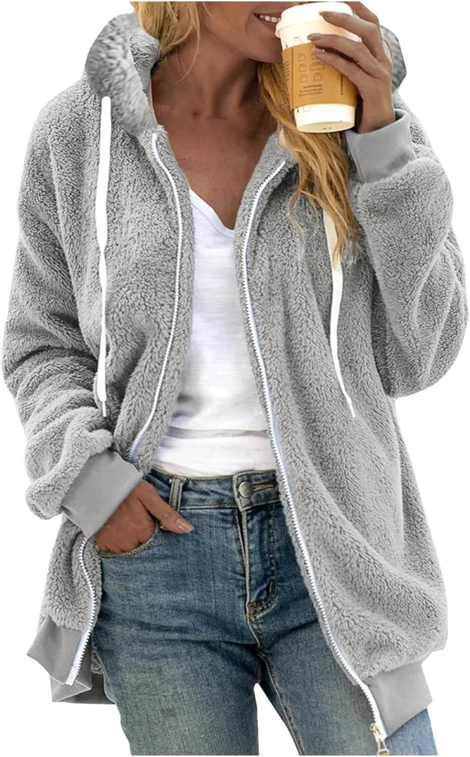 Muyise Women Oversized Sherpa Jackets Winter Warm Fuzzy Fleece Jackets Fluffy Full Zip Up Coat Outwear with Pockets