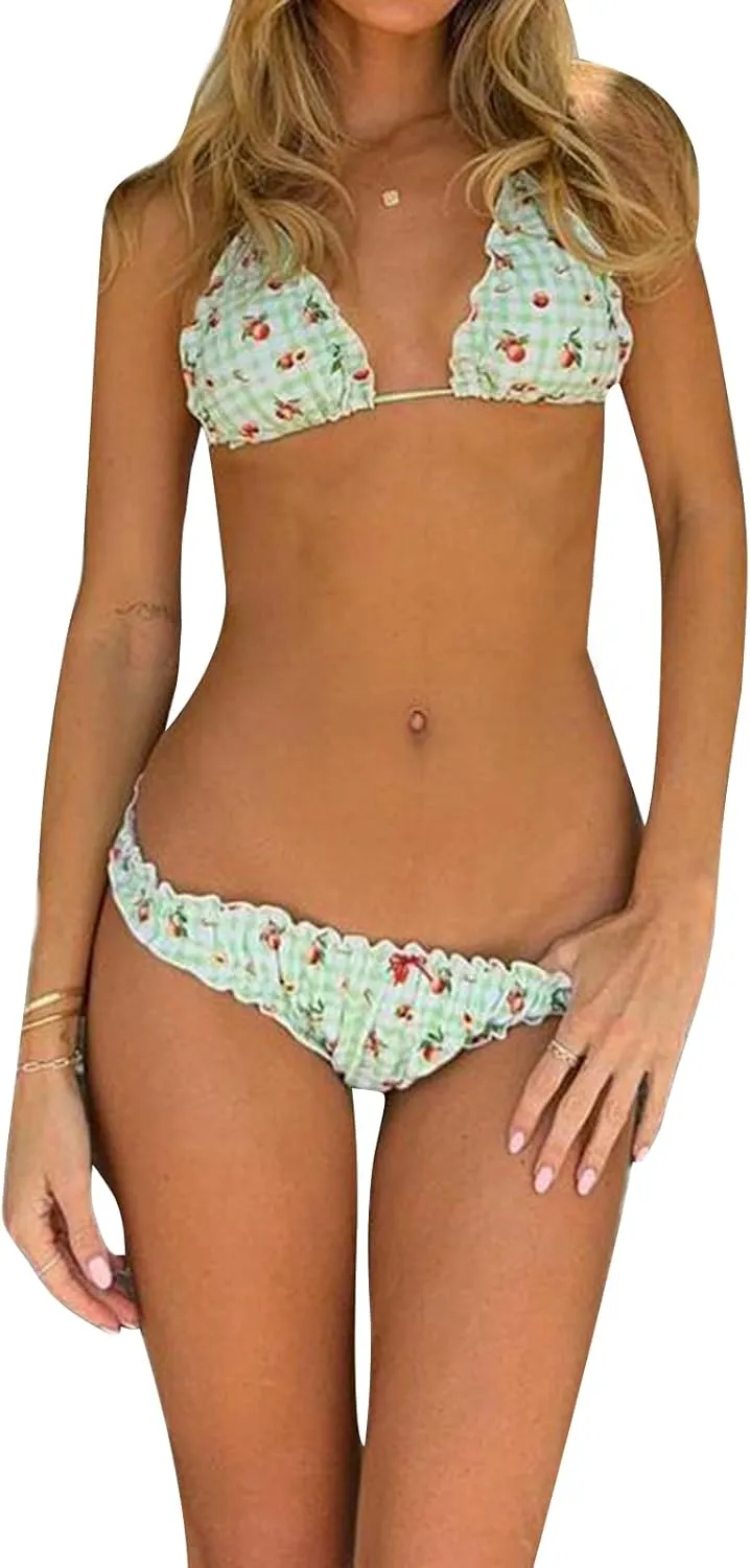 Mxiqqpltky Lace Trim Bikini Set for Women 2 Piece Y2k Bow Triangle Bikini Top and Thong Aesthetic Swimsuit Bathing Suit