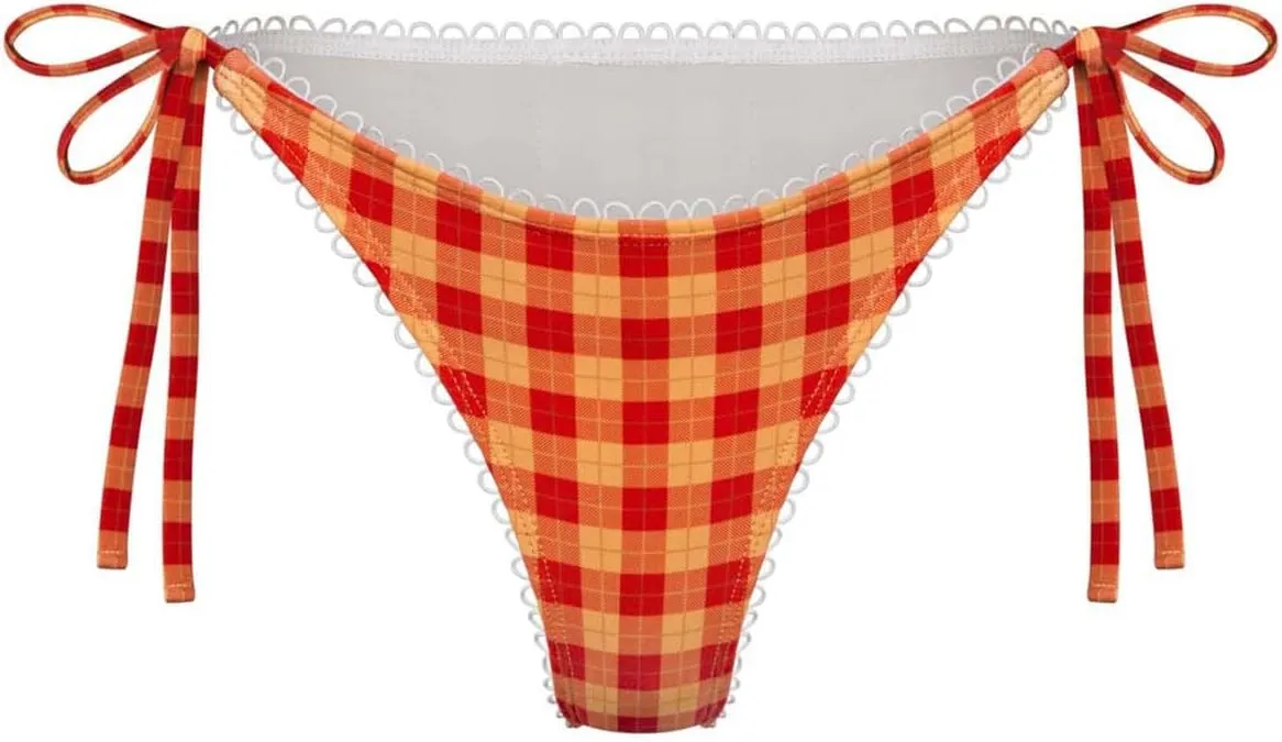 Mxiqqpltky Y2k Plaid Bikini Set for Women 2 Piece Swimsuit Halter Tie Up Bikini Top and Triangle Thong Bathing Suit Beachwear