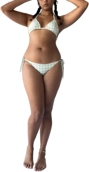 Mxiqqpltky Y2k Plaid Bikini Set for Women 2 Piece Swimsuit Halter Tie Up Bikini Top and Triangle Thong Bathing Suit Beachwear
