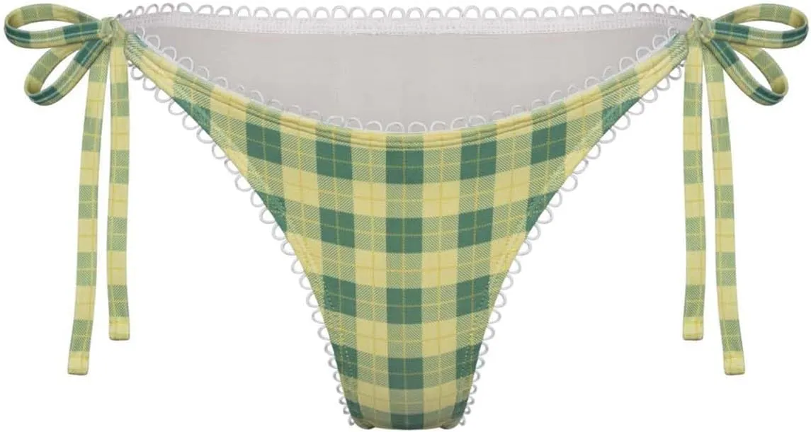 Mxiqqpltky Y2k Plaid Bikini Set for Women 2 Piece Swimsuit Halter Tie Up Bikini Top and Triangle Thong Bathing Suit Beachwear