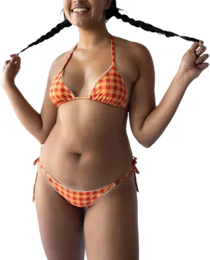 Mxiqqpltky Y2k Plaid Bikini Set for Women 2 Piece Swimsuit Halter Tie Up Bikini Top and Triangle Thong Bathing Suit Beachwear