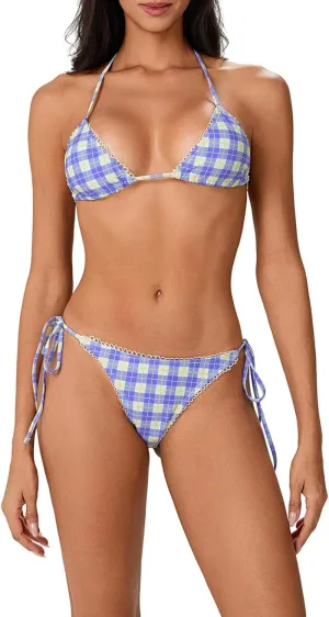 Mxiqqpltky Y2k Plaid Bikini Set for Women 2 Piece Swimsuit Halter Tie Up Bikini Top and Triangle Thong Bathing Suit Beachwear