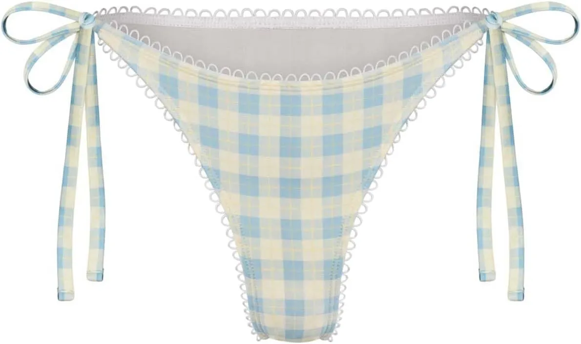 Mxiqqpltky Y2k Plaid Bikini Set for Women 2 Piece Swimsuit Halter Tie Up Bikini Top and Triangle Thong Bathing Suit Beachwear