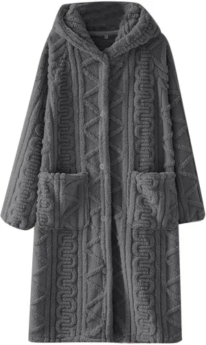 Mzkdieey Robes for Women with Hood Soft Warm Long Sleeve Button Up Bathrobes Fuzzy Fleece Cozy Plush Loungewear Nightgown