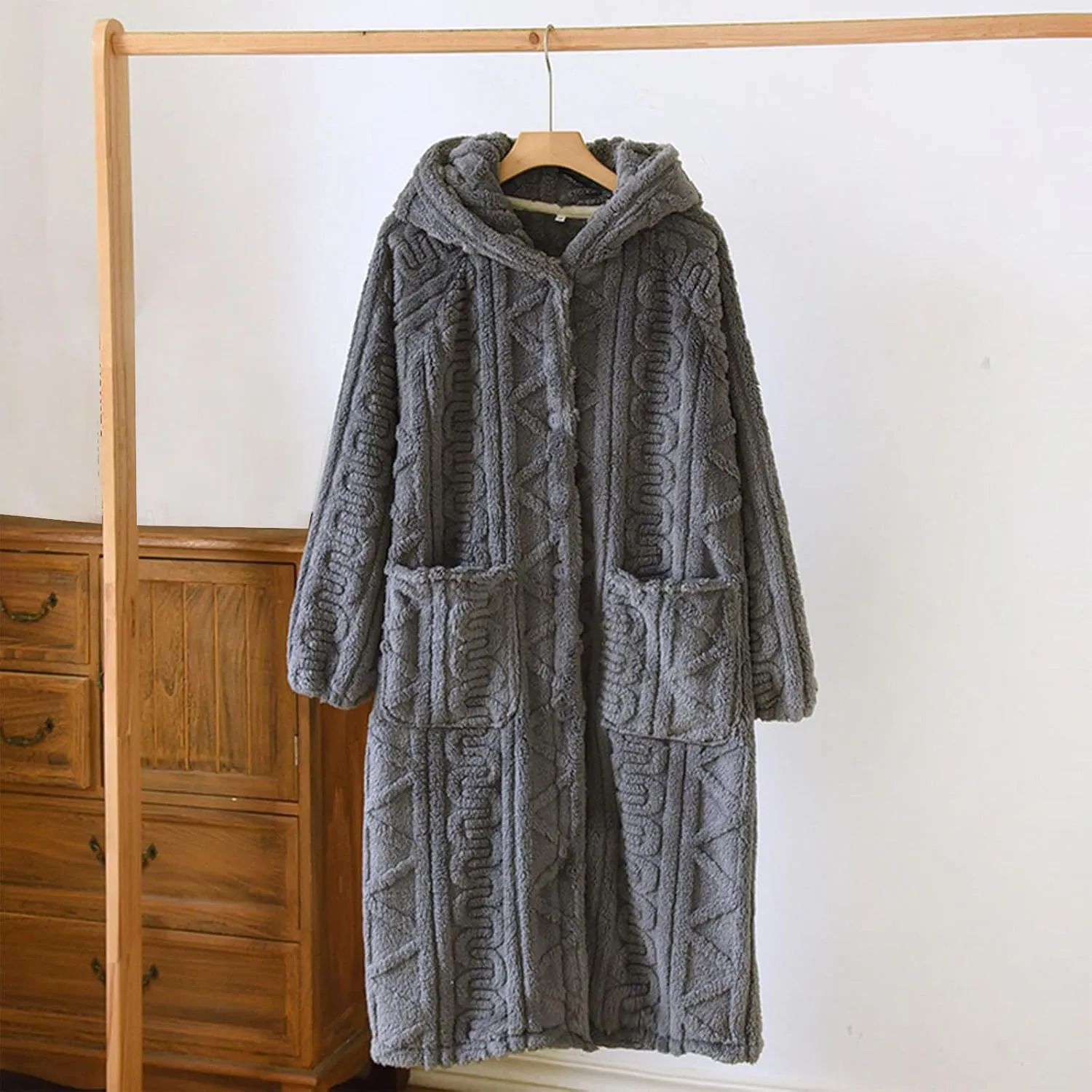 Mzkdieey Robes for Women with Hood Soft Warm Long Sleeve Button Up Bathrobes Fuzzy Fleece Cozy Plush Loungewear Nightgown