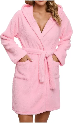 Mzkdieey Women Hooded Fleece Robe Short Plush Robes Soft Warm Spa Bathrobe Shawl Collar Knee Length Loungewear with Pockets