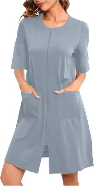 Mzkdieey Women Zipper Robe Short Sleeve Loungewear Lightweight Housecoat Knee Length Nightgown Bathrobe with Pockets