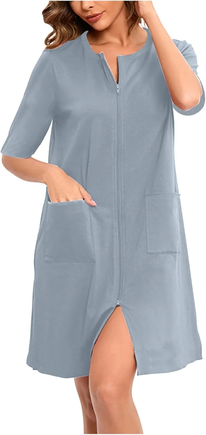 Mzkdieey Women Zipper Robe Short Sleeve Loungewear Lightweight Housecoat Knee Length Nightgown Bathrobe with Pockets
