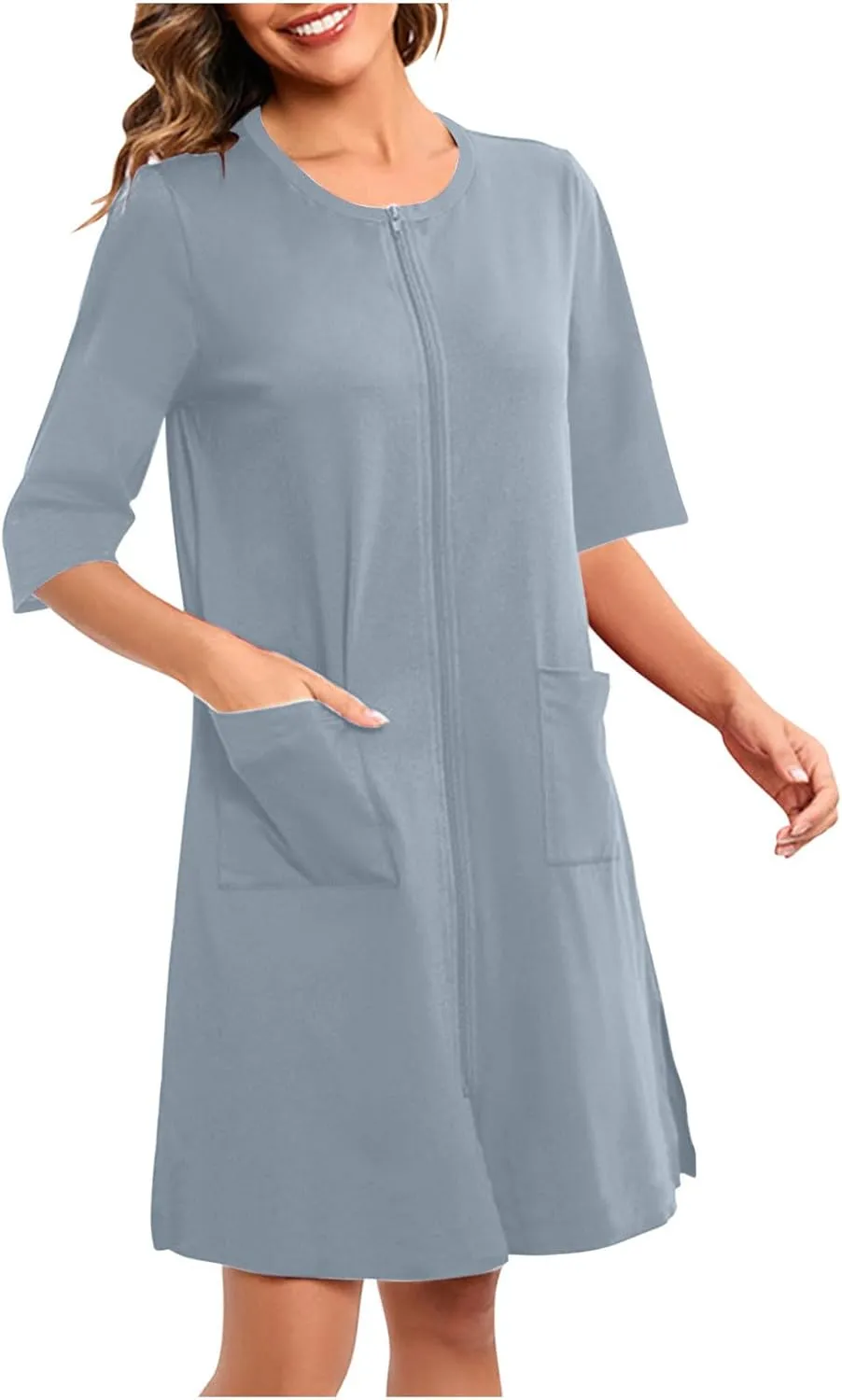 Mzkdieey Women Zipper Robe Short Sleeve Loungewear Lightweight Housecoat Knee Length Nightgown Bathrobe with Pockets