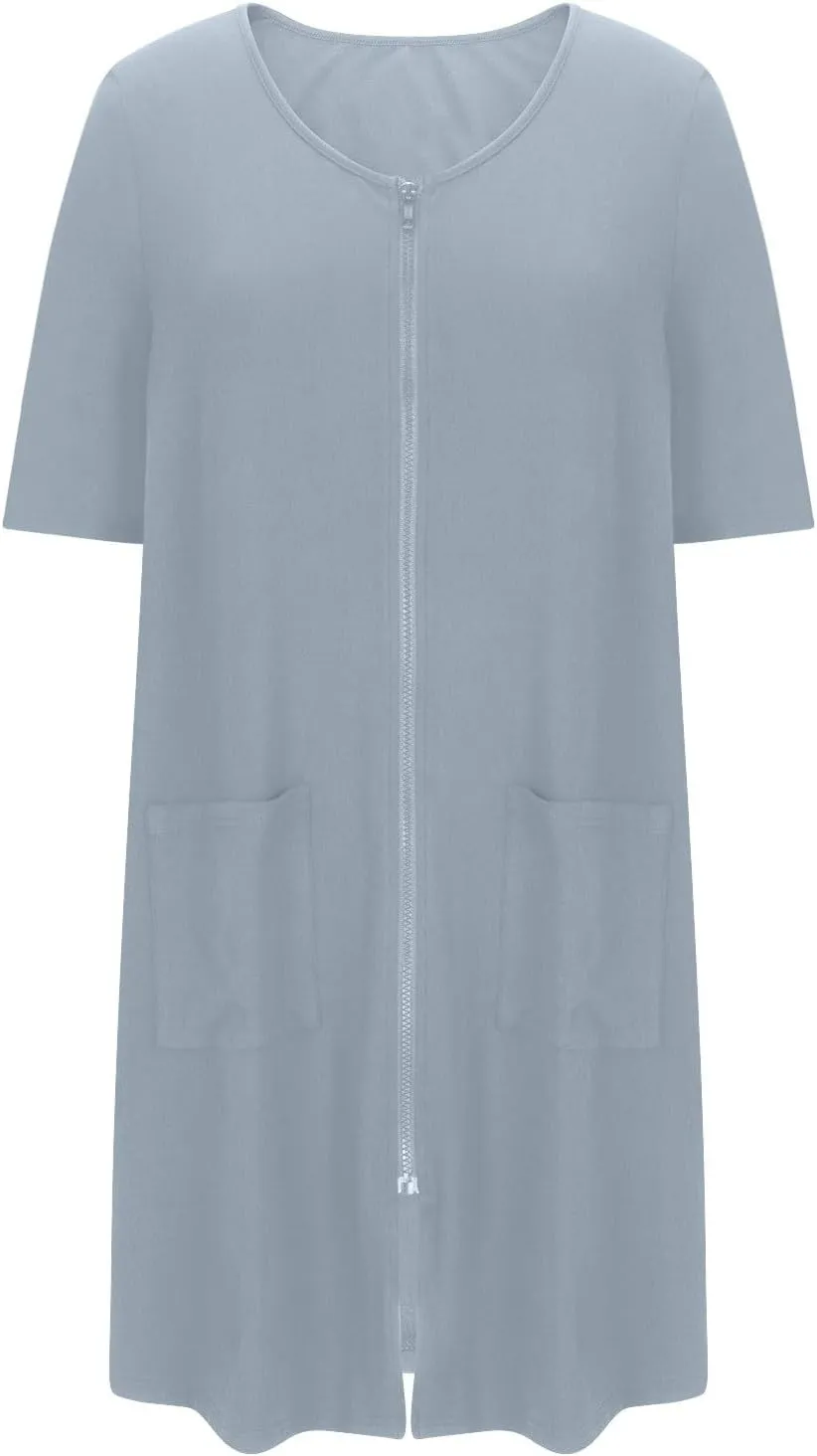 Mzkdieey Women Zipper Robe Short Sleeve Loungewear Lightweight Housecoat Knee Length Nightgown Bathrobe with Pockets
