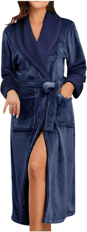 Mzkdieey Womens Long Fleece Robe Full Length Flannel Bathrobe Plush Warm Winter Housecoat Fluffy Soft Nightgown with Pockets
