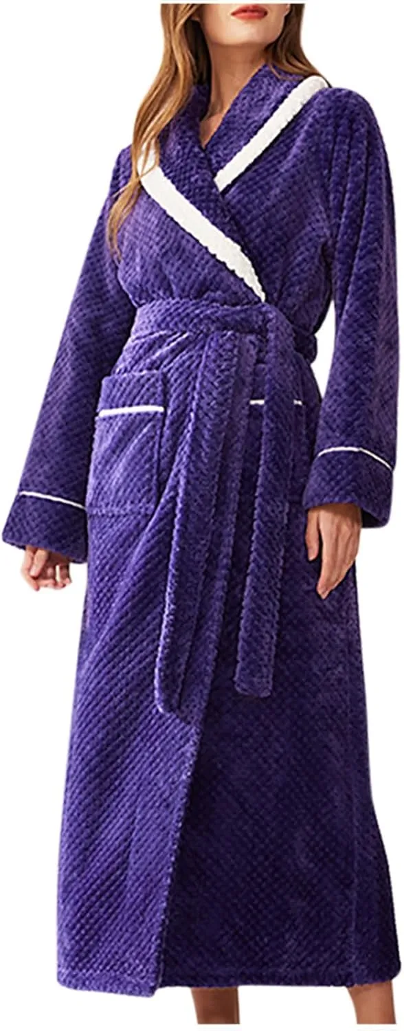 Mzkdieey Womens Plush Fleece Robe Soft Cozy Warm Bathrobe Long Sleeve Shawl Collar Housecoat Loungewear with Pockets