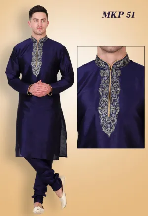 Navy Blue Mens Embroidered Kurta Pyjama Set