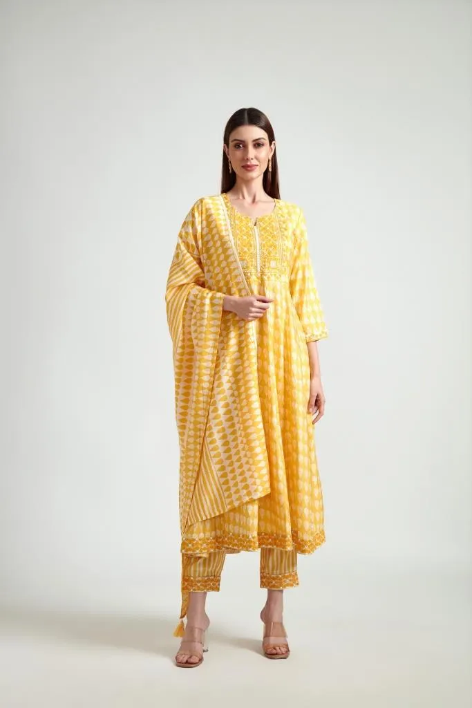Neerus Women Yellow Printed Kurta with Trousers  Dupatta