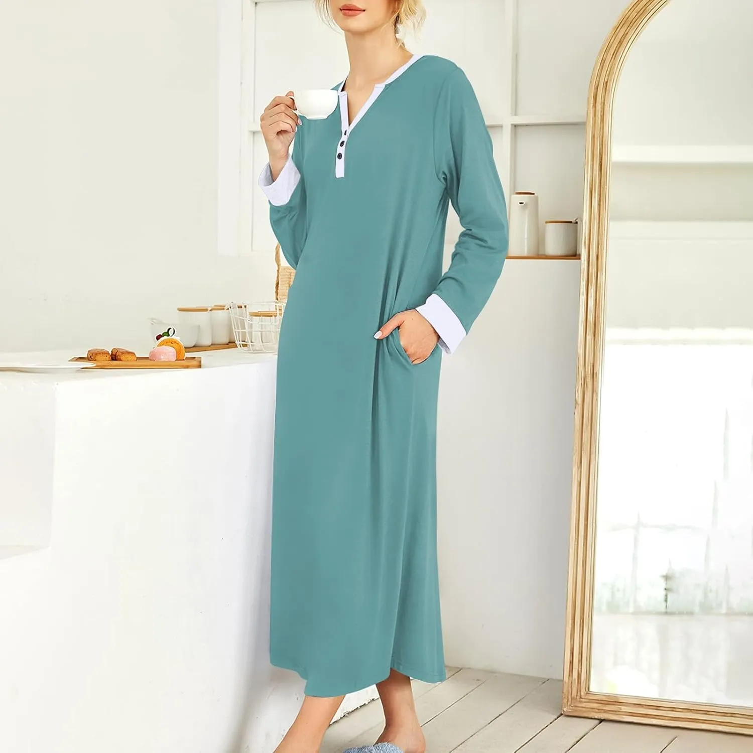 Nightgowns for Women Long Sleeve Sleepshirt Long Loungewear Casual Maxi Loose Dress House Dresses with Pockets