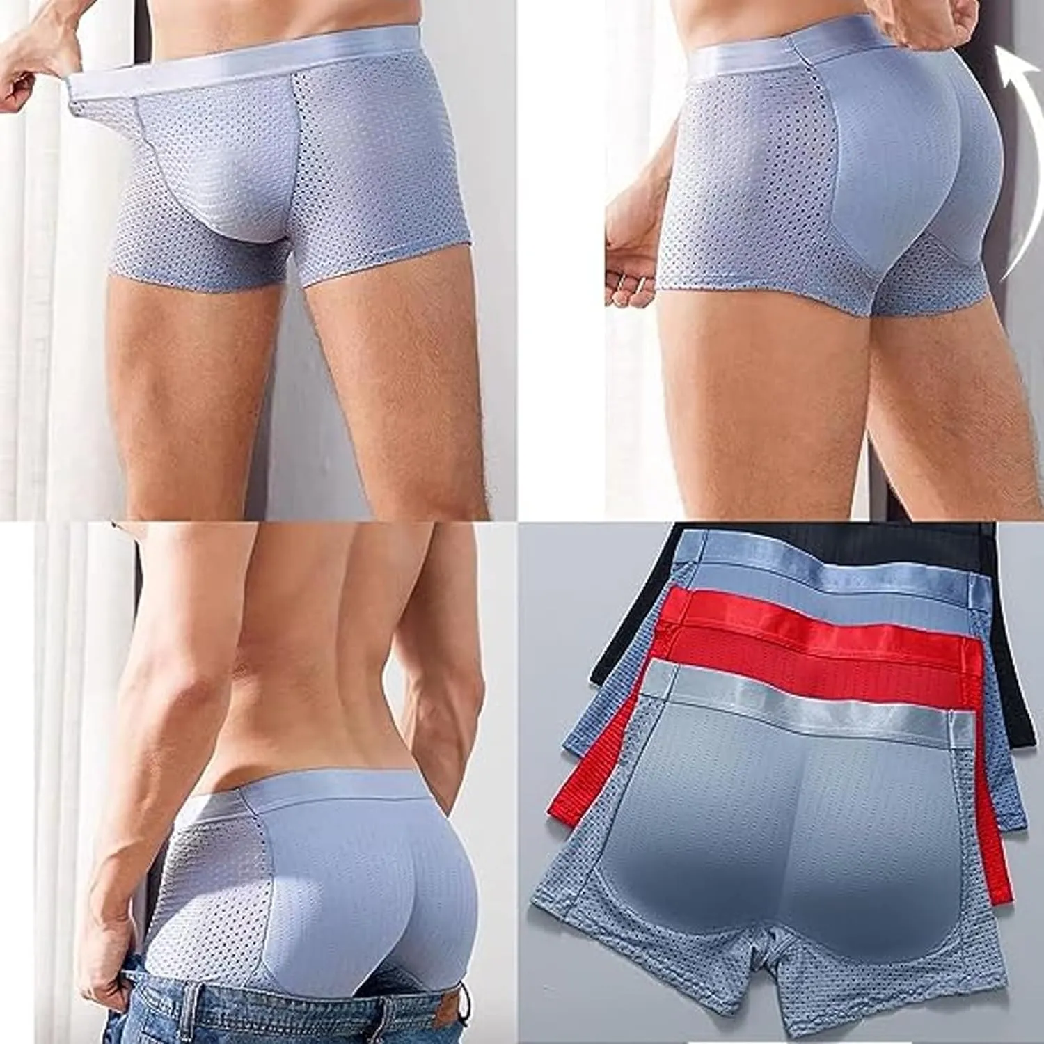 Nylon Ice Silk Breathable Men's Underwear, Mens Seamless Shape Wear Padded Underwear, Sexy Buttocks Boxer Briefs