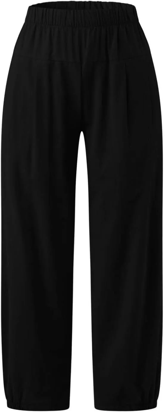 Nyybw High Waist Wide Leg Pants for Women Casual Crop Dress Pants Stretch Cotton Linen Pull On Office Capris Work Trousers