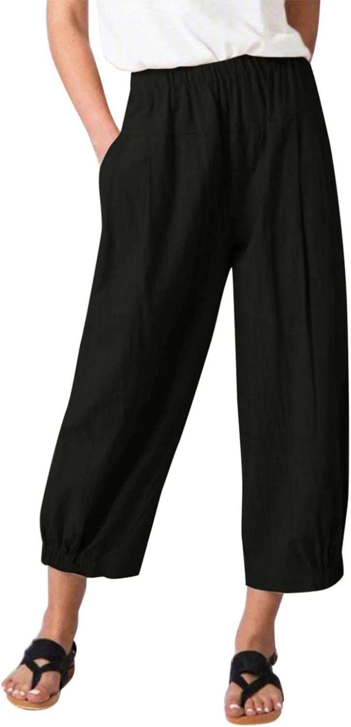 Nyybw High Waist Wide Leg Pants for Women Casual Crop Dress Pants Stretch Cotton Linen Pull On Office Capris Work Trousers