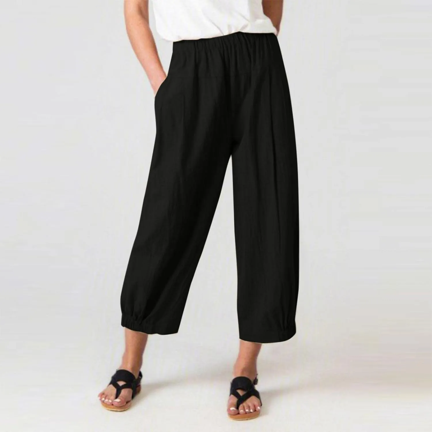 Nyybw High Waist Wide Leg Pants for Women Casual Crop Dress Pants Stretch Cotton Linen Pull On Office Capris Work Trousers