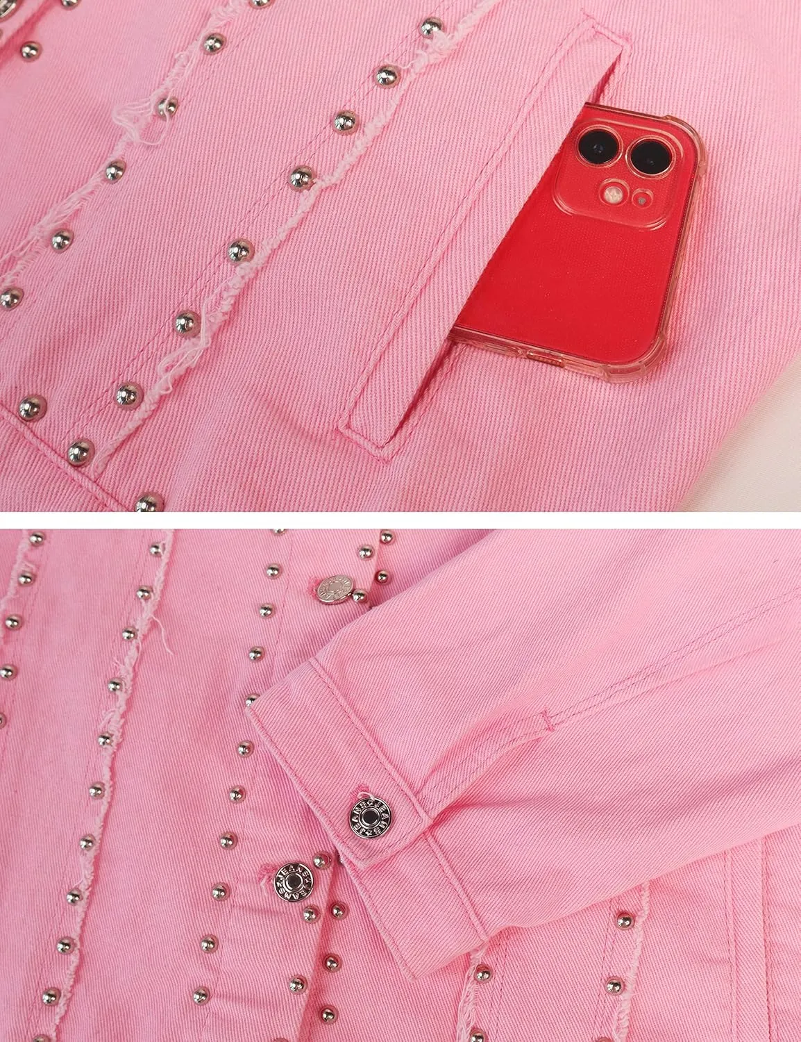 Omoone Women's Long Sleeve Rivet Studded Denim Jacket Casual Pearl Short Jean Coat Concert Nashville Outfits