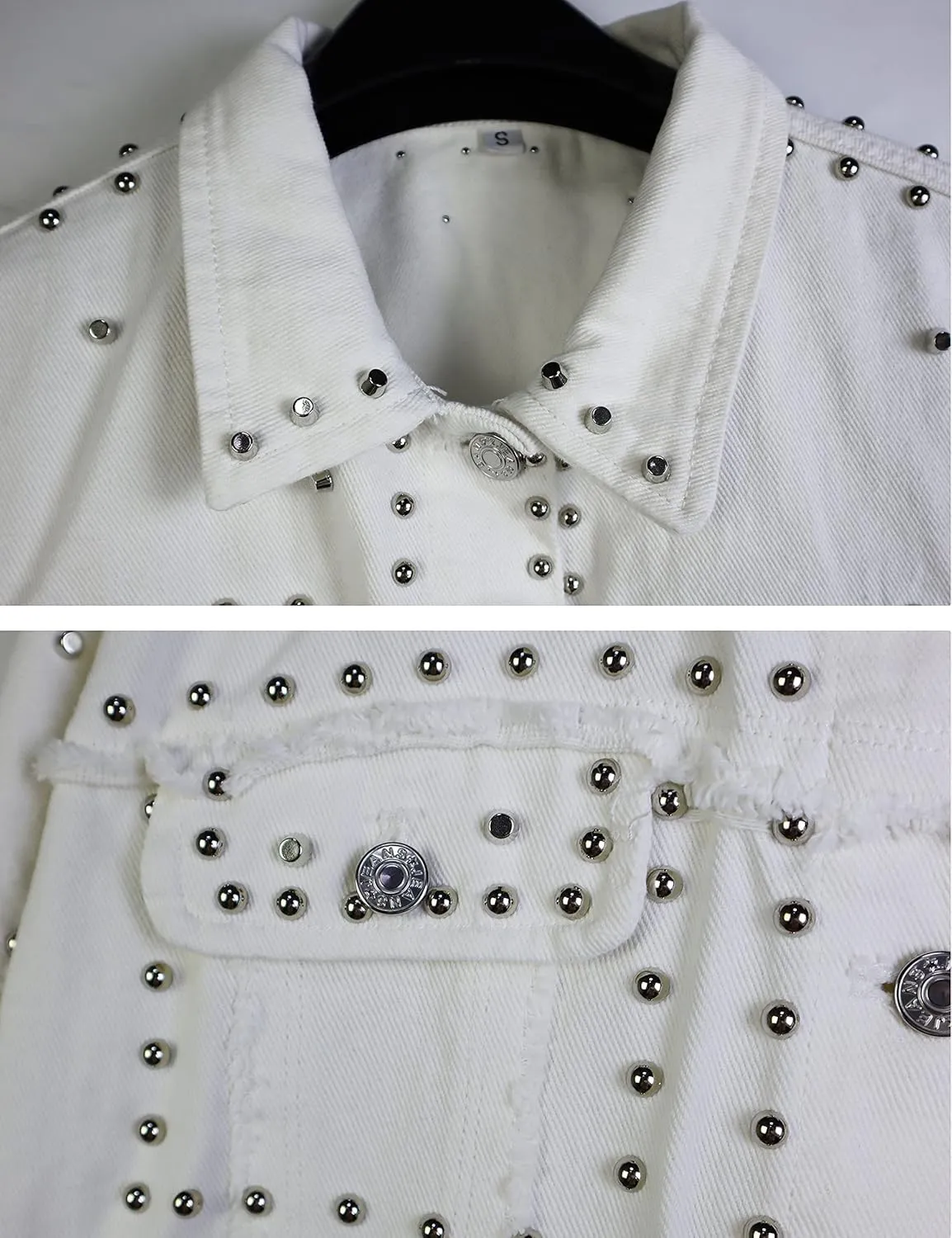 Omoone Women's Long Sleeve Rivet Studded Denim Jacket Casual Pearl Short Jean Coat Concert Nashville Outfits