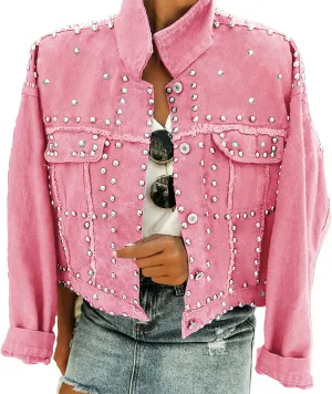 Omoone Women's Long Sleeve Rivet Studded Denim Jacket Casual Pearl Short Jean Coat Concert Nashville Outfits