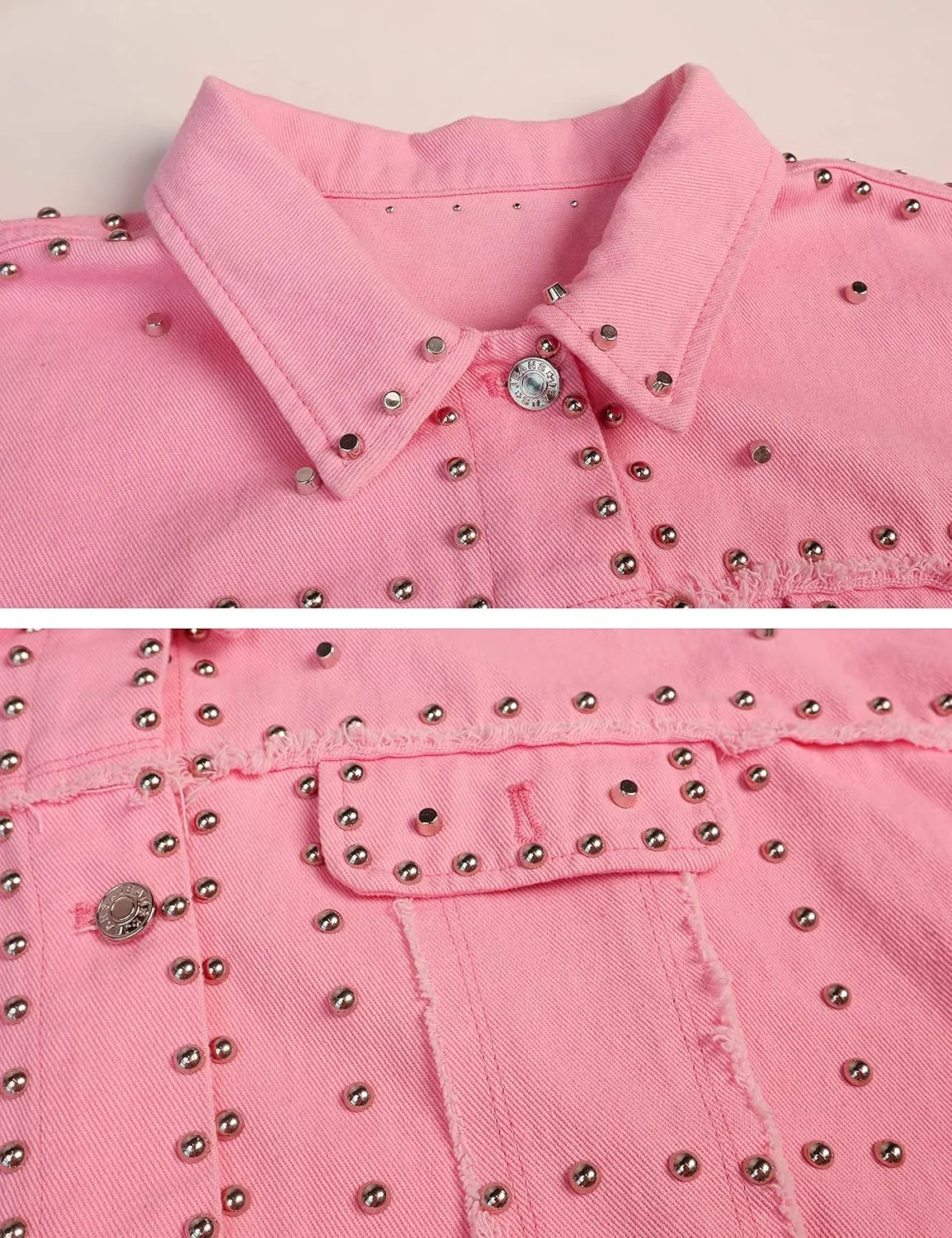 Omoone Women's Long Sleeve Rivet Studded Denim Jacket Casual Pearl Short Jean Coat Concert Nashville Outfits