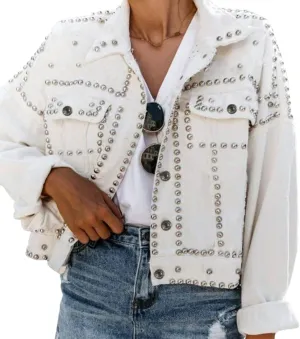 Omoone Women's Long Sleeve Rivet Studded Denim Jacket Casual Pearl Short Jean Coat Concert Nashville Outfits