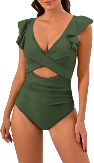 One Piece Cutout Swimsuits for Women Cute Ruffle Sleeve Twist Bathing Suits Tummy Control Color Block Swimwear
