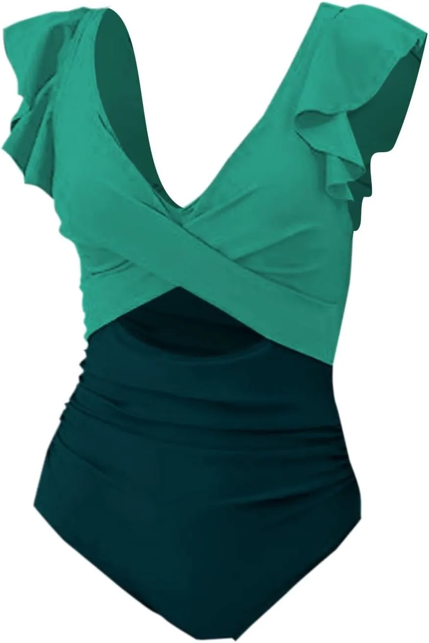 One Piece Cutout Swimsuits for Women Cute Ruffle Sleeve Twist Bathing Suits Tummy Control Color Block Swimwear