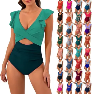 One Piece Cutout Swimsuits for Women Cute Ruffle Sleeve Twist Bathing Suits Tummy Control Color Block Swimwear