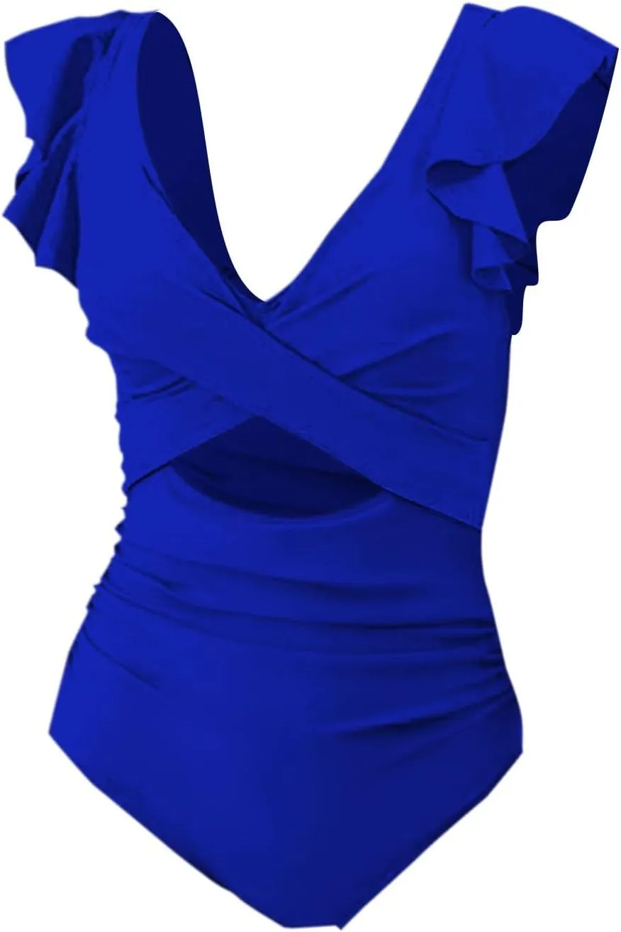 One Piece Cutout Swimsuits for Women Cute Ruffle Sleeve Twist Bathing Suits Tummy Control Color Block Swimwear