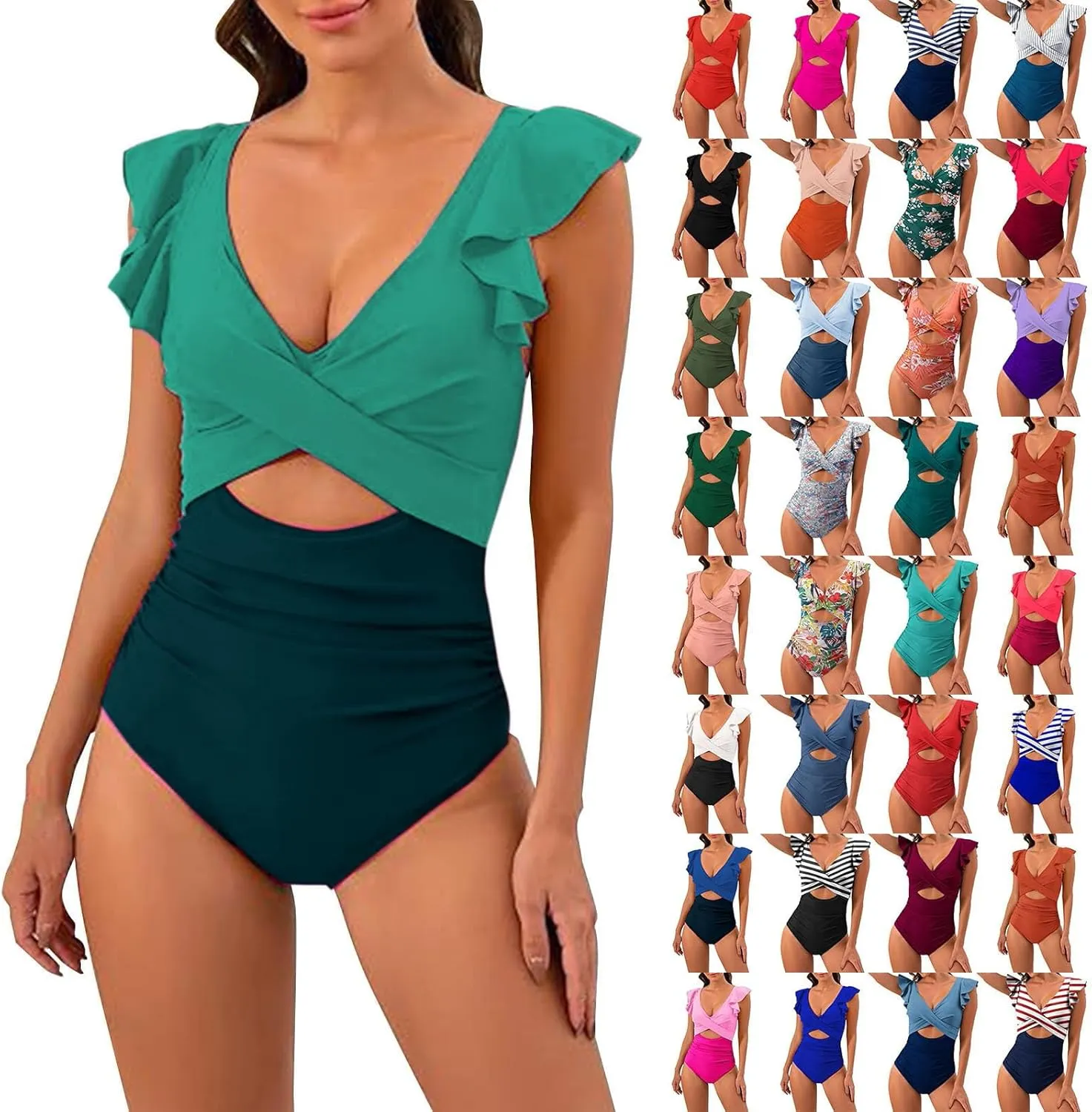 One Piece Cutout Swimsuits for Women Cute Ruffle Sleeve Twist Bathing Suits Tummy Control Color Block Swimwear