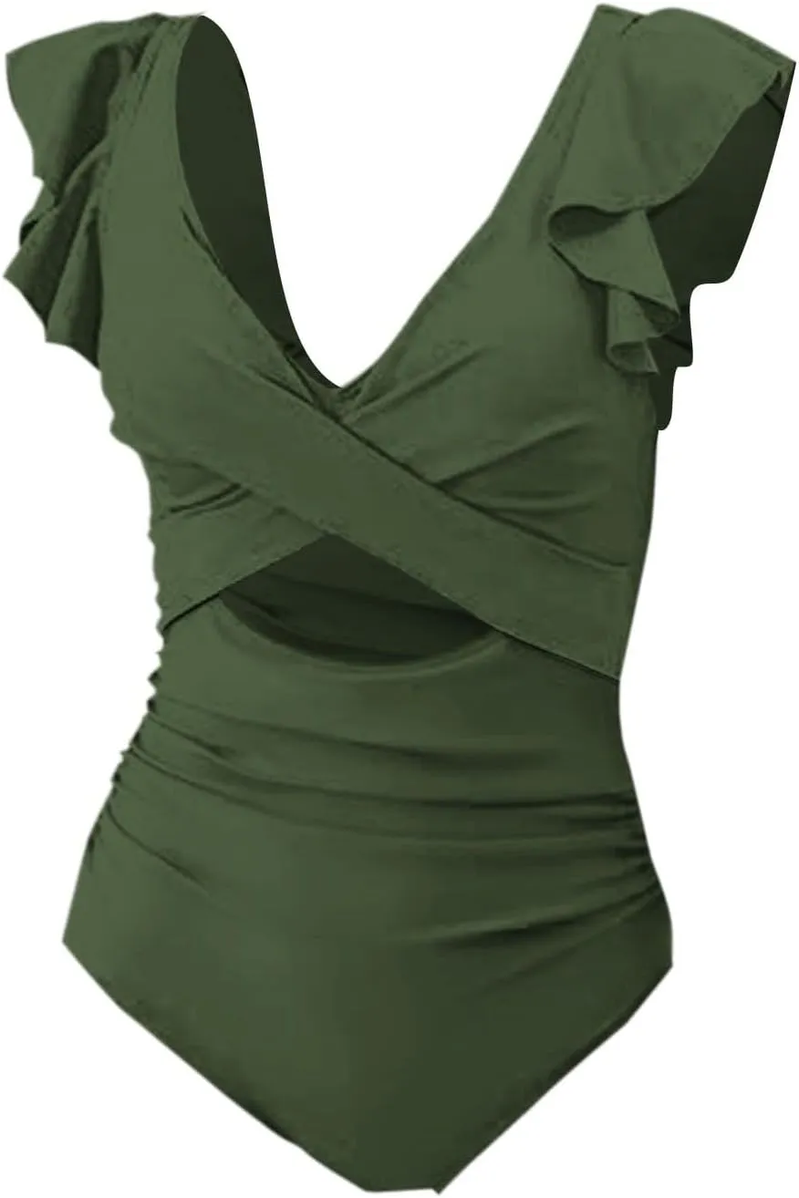 One Piece Cutout Swimsuits for Women Cute Ruffle Sleeve Twist Bathing Suits Tummy Control Color Block Swimwear