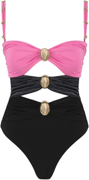 One Piece Swimsuit for Women Fashion Casual Gold Round Button Batching Suits Three Color Hollow Patchwork Beachwear