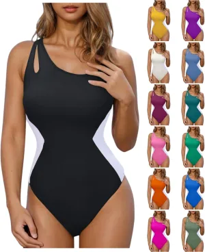 One Piece Swimsuit Women Tummy Control One Shoulder Bathing Suit Slimming Sporty Color Block Sexy Summer Swimwear