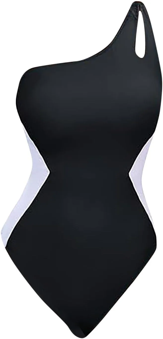 One Piece Swimsuit Women Tummy Control One Shoulder Bathing Suit Slimming Sporty Color Block Sexy Summer Swimwear