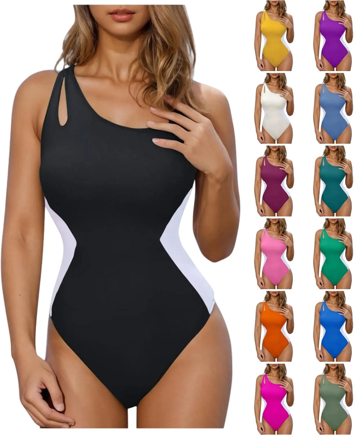One Piece Swimsuit Women Tummy Control One Shoulder Bathing Suit Slimming Sporty Color Block Sexy Summer Swimwear