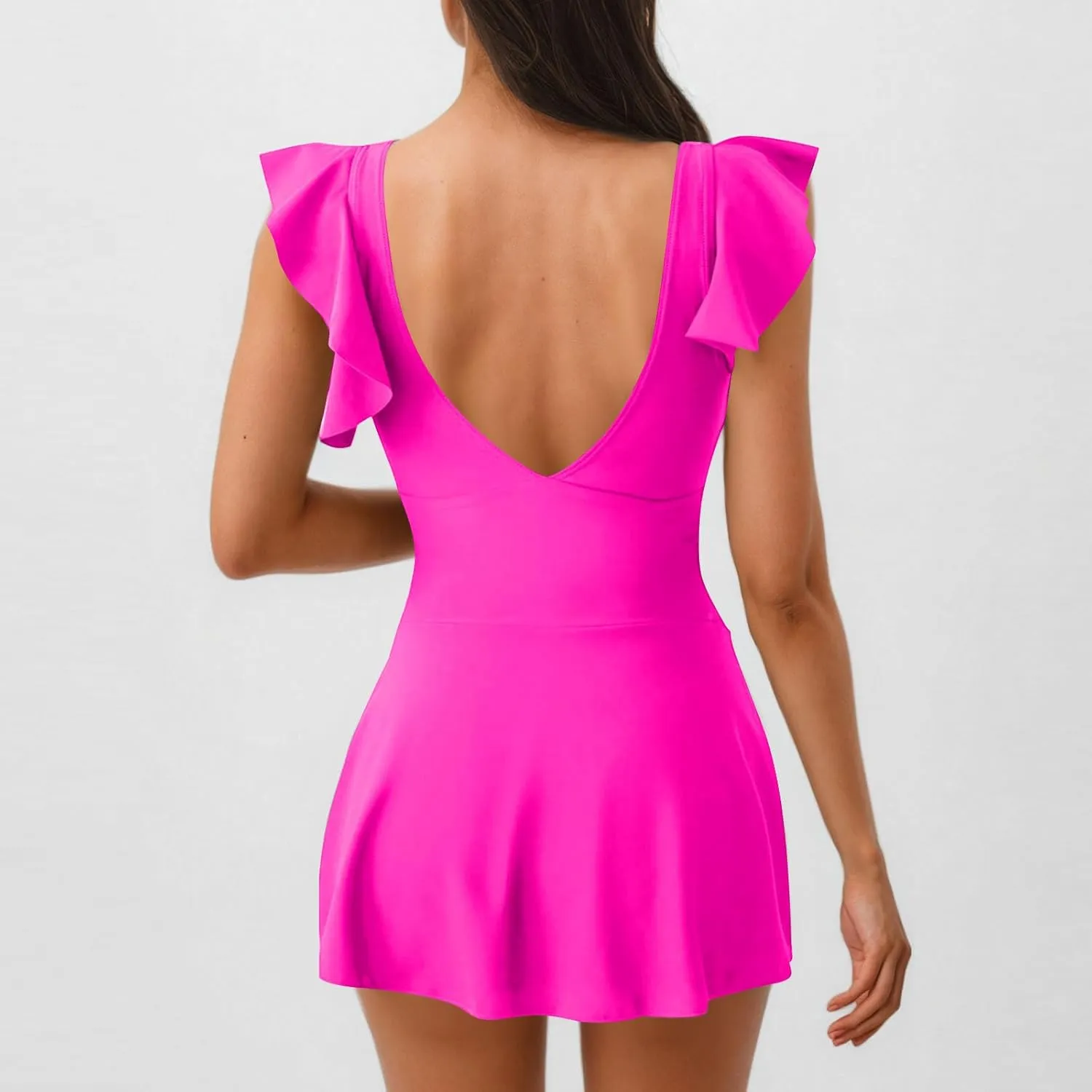 One Piece Swimsuit Women Tummy Control Ruffle Swimdress Tie Knot Swim Dresses V Neck Bathing Suit Skirt