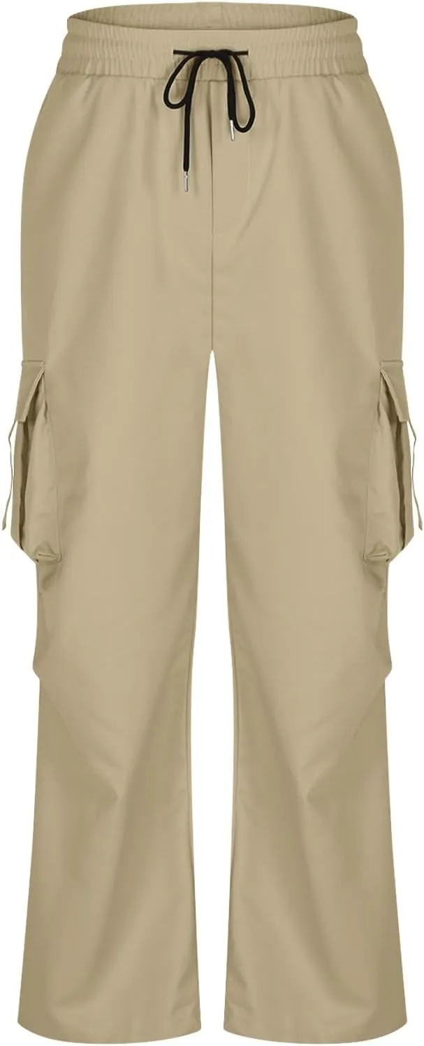 Outdoor Trousers for Men Casual Fashion Stretch Drawstring Pants Solid Color Loose Fit Comfy Pant with Multi Pockets