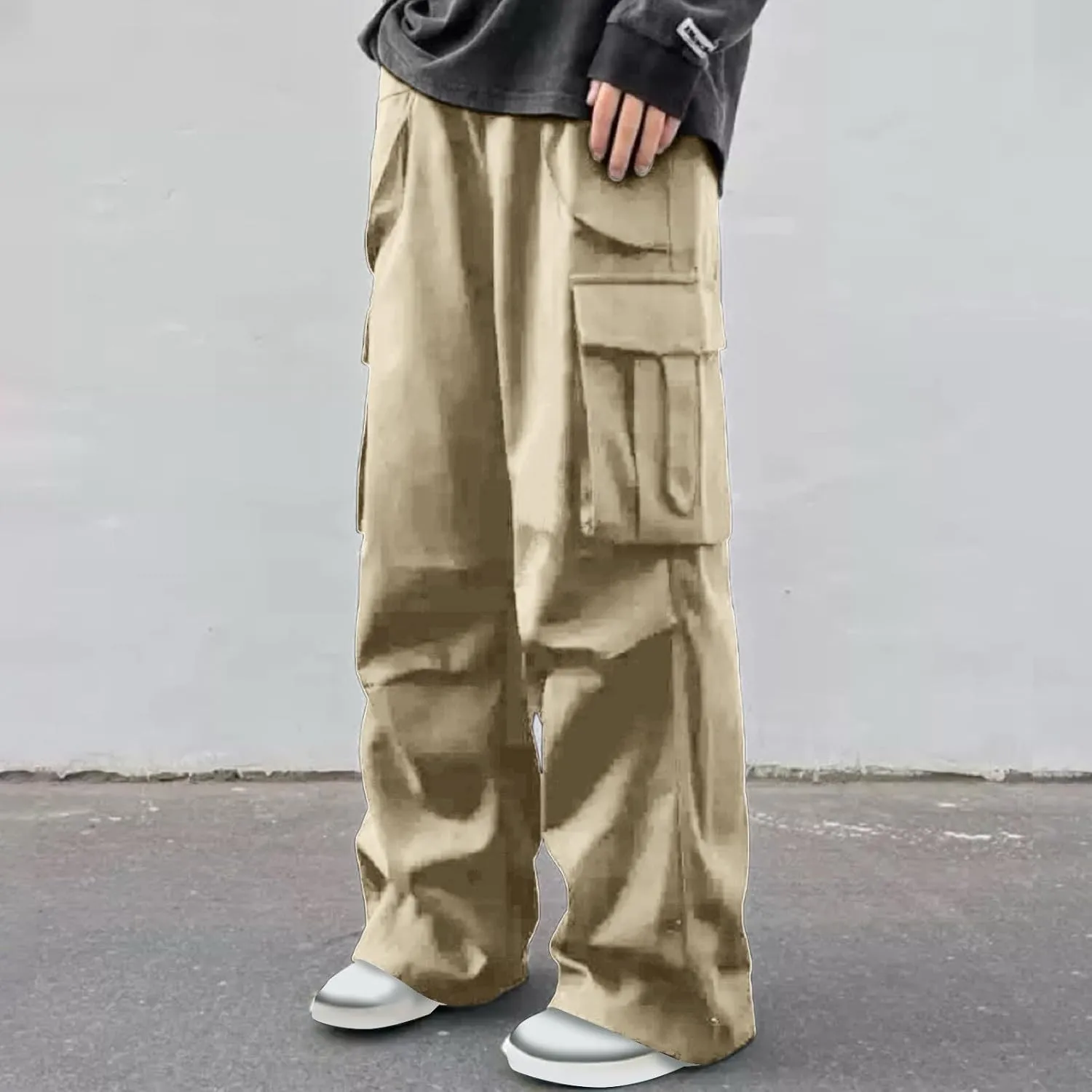 Outdoor Trousers for Men Casual Fashion Stretch Drawstring Pants Solid Color Loose Fit Comfy Pant with Multi Pockets