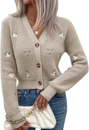 Oversized Cardigan Sweaters for Women Embroidery Flower Open Front Knit Cropped Long Sleeve Cardigans