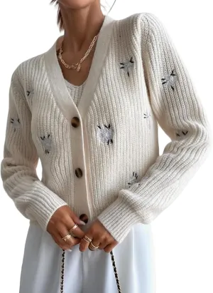 Oversized Cardigan Sweaters for Women Embroidery Flower Open Front Knit Cropped Long Sleeve Cardigans
