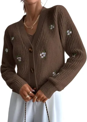 Oversized Cardigan Sweaters for Women Embroidery Flower Open Front Knit Cropped Long Sleeve Cardigans