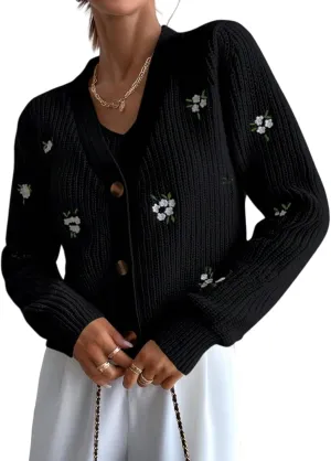 Oversized Cardigan Sweaters for Women Embroidery Flower Open Front Knit Cropped Long Sleeve Cardigans